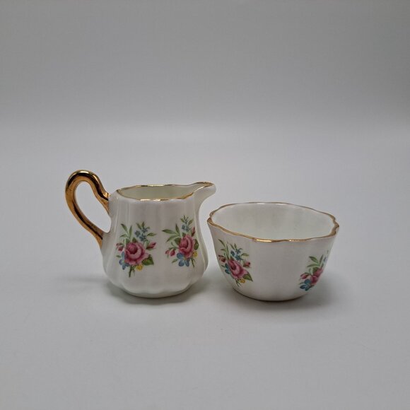 Vintage Sandford Fine Bone China Mini Creamer & Sugar Bowl Set Floral Gold Trim - Picture 3 of 13